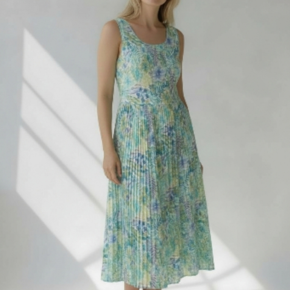 Vintage Green Blue Rayon Floral Print Pull Over Maxi Dress XL